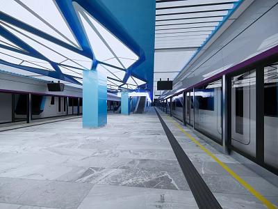 Modern Subway Station With Blue Roof Structure White Ceiling Marble Floor And Yellow Safety Line 3d model