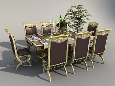 Elegant Dining Table Set with Golden Carved Chairs Dark Brown Seats Tableware and Plant Decor 3d model