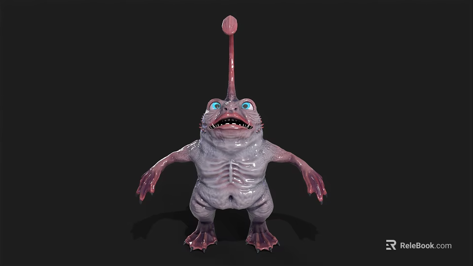 Fantasy Alien Creature 3D Model With Large Eyes Open Mouth And Tentacle Head 3d model 