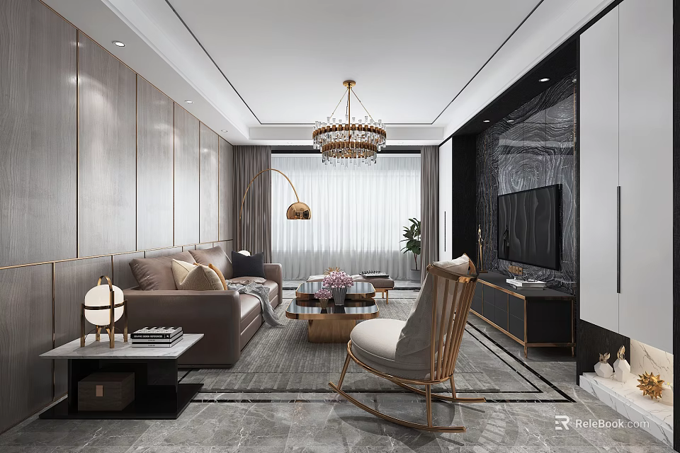 Modern Living Room Interior With Crystal Chandelier Brown Sofa Rocking Chair And Coffee Table 3d model 