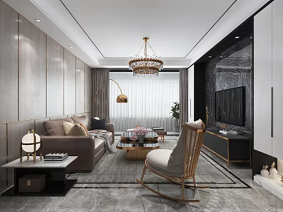 Modern Living Room Interior With Crystal Chandelier Brown Sofa Rocking Chair And Coffee Table 3d model