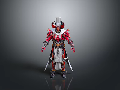 Creature Inspired Warrior Character In Red Armor With Horns And Swords 3d model