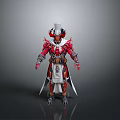 Creature Inspired Warrior Character In Red Armor With Horns And Swords