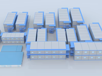 Modular Prefabricated Buildings With Blue Roofs And Gray Structures Arranged Neatly 3d model