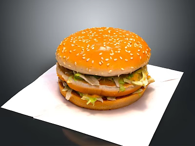 Delicious Hamburger With Sesame Bun Lettuce And Patty On White Paper 3d model