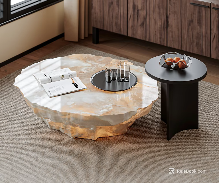 Marble Coffee Table Irregular Shape with Open Magazine Black Tray Glasses Side Table Fruit Bowl 3d model