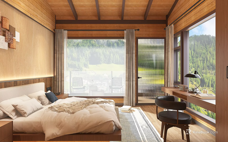 Cozy Wooden Hotel Room with Comfortable Bed Mountain View Windows and Desk Chair 3d model 