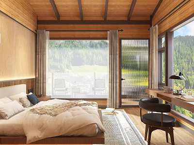 Cozy Wooden Hotel Room with Comfortable Bed Mountain View Windows and Desk Chair 3d model