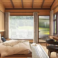 Cozy Wooden Hotel Room with Comfortable Bed Mountain View Windows and Desk Chair