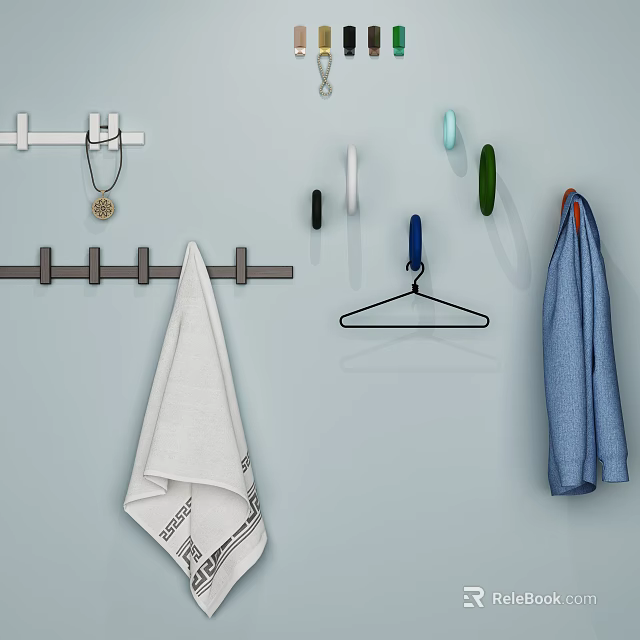 Multi Colored Wall Hooks Holding White Towel Blue Scarf Hanger And Necklace 3d model 