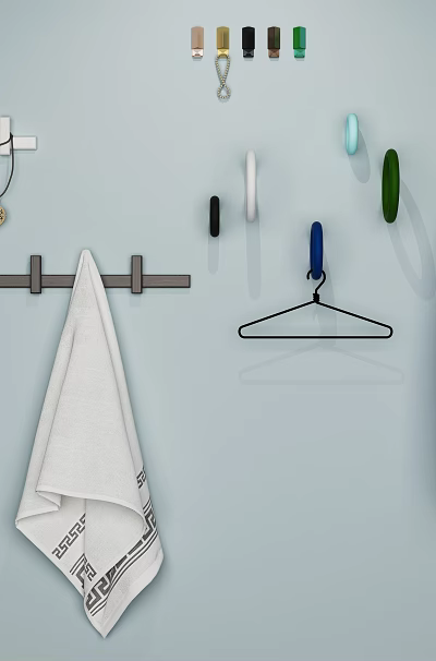 Multi Colored Wall Hooks Holding White Towel Blue Scarf Hanger And Necklace 3d model