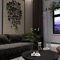 Modern Living And Dining Room With Black Sofa Orange Armchair Large TV City Night View