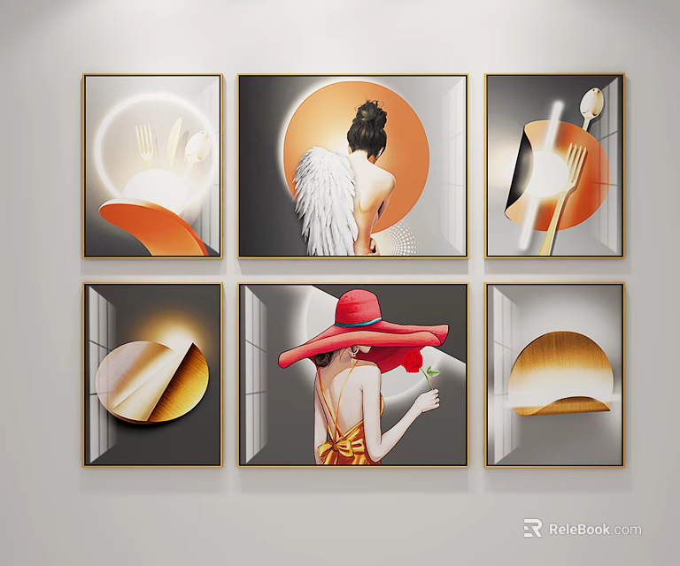 Six Piece Modern Abstract Wall Art Paintings With Figures And Geometric Elements 3d model
