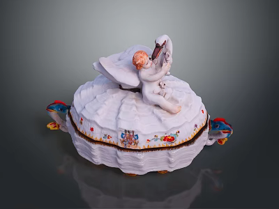 Elegant White Decorative Box With Angel Figurine And Colorful Patterns 3d model