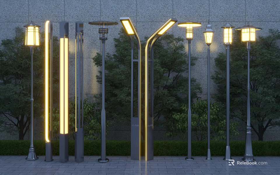 Outdoor Lights With Various Modern Designs And Yellow LED Glow For Garden Streets 3d model 