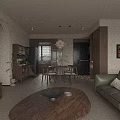 Modern Living Dining Room Interior With Dark Brown Bookshelf Green Sofa Round Wooden Coffee Table