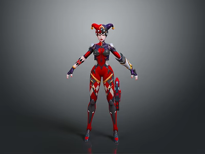Futuristic Game and Movie Character With Red and Black Costume Jester Hat And Mechanical Armor 3d model