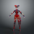 Futuristic Game and Movie Character With Red and Black Costume Jester Hat And Mechanical Armor
