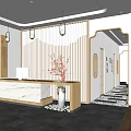 Shop Front Desk with Marble Countertop Wooden Screen and Hanging Pendant Lights