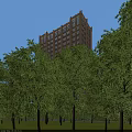 Modern High Rise Hotel Building with Glass Curtain Wall Surrounded by Trees and Street Lights