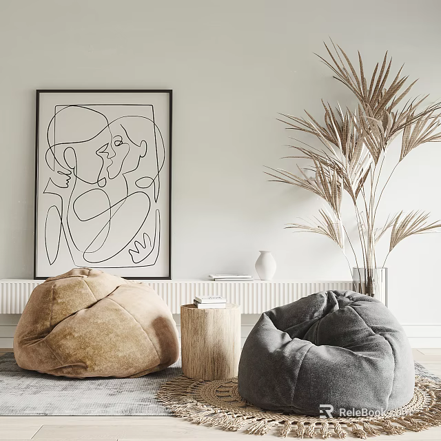 Bean Bag Chairs In Brown And Gray With Wooden Stool Palm Plant Line Art 3d model 