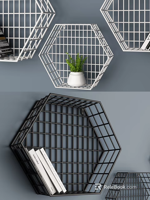 White And Black Hexagonal Grid Design Wall Cabinets With Plants And Books 3d model