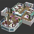 Cartoon Clinic Interior Scene With Multiple Rooms Chairs Tables And Blue Decorations