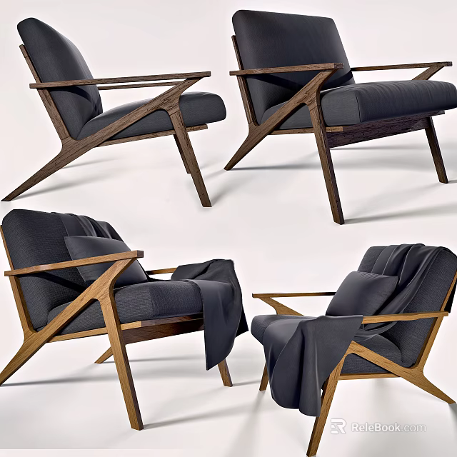 Modern Single Sofa With Wooden Frame Dark Fabric Cushions And Throw Blanket 3d model 