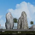 Natural Stone and Wood Garden Landscape with Large Rocks Greenery Pond and Blue Sky