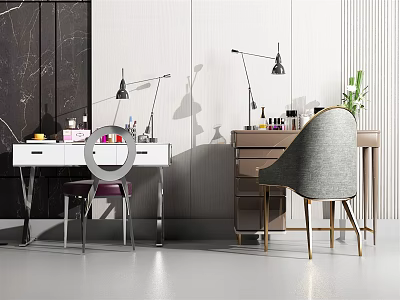 Modern White and Brown Dressing Tables With Chairs Lamps Cosmetics and Green Plant 3d model