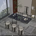 Modern Chinese Tea Table and Chairs with Marble Top Tea Set Natural View Green Plant