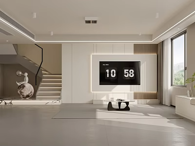 Modern Living and Dining Area Design With Staircase TV Sofa And Large Window 3d model