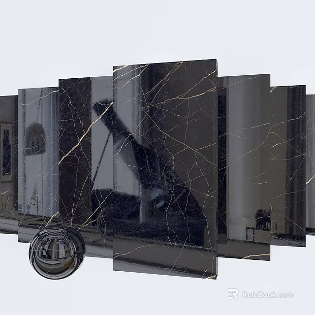 Modern Decorative Components Featuring Black Cracked Marble Texture And Reflective Surface 3d model 