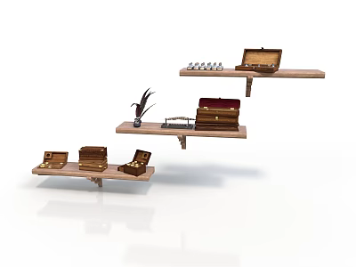 Wooden Wall Shelf Display With Vintage Suitcases Decorative Items And Small Plant 3d model
