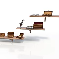 Wooden Wall Shelf Display With Vintage Suitcases Decorative Items And Small Plant