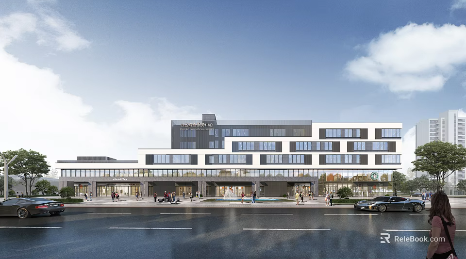 Modern Multi Story Building with Glass Curtain Walls on Street with Pedestrians and Cars 3d model 