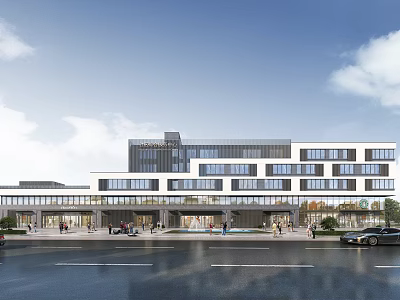 Modern Multi Story Building with Glass Curtain Walls on Street with Pedestrians and Cars 3d model