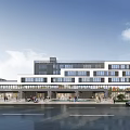 Modern Multi Story Building with Glass Curtain Walls on Street with Pedestrians and Cars