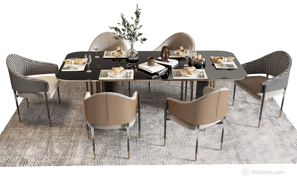 Modern Dining Table And Chair Set With Beige Chairs Metal Legs Decorative Vase And Tableware 3d model 