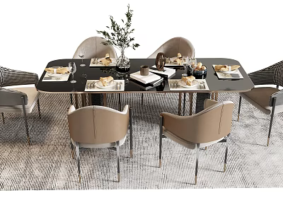 Modern Dining Table And Chair Set With Beige Chairs Metal Legs Decorative Vase And Tableware 3d model
