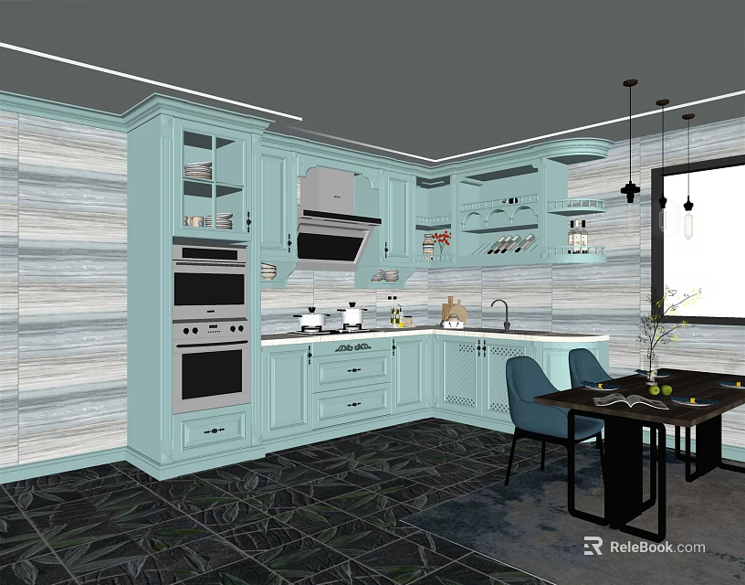 Modern Kitchen With Light Blue Cabinets Appliances Countertop And Dining Area 3d model 