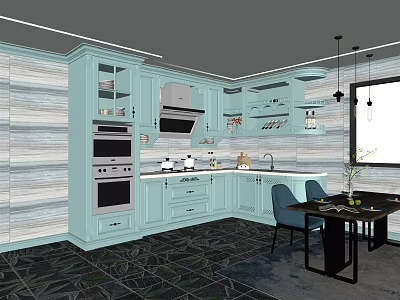 Modern Kitchen With Light Blue Cabinets Appliances Countertop And Dining Area 3d model
