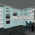 Modern Kitchen With Light Blue Cabinets Appliances Countertop And Dining Area
