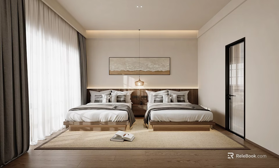 Modern Hotel Guest Room With Twin Beds White Curtains Wall Painting And Wooden Flooring 3d model 