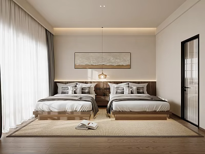 Modern Hotel Guest Room With Twin Beds White Curtains Wall Painting And Wooden Flooring 3d model