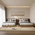 Modern Hotel Guest Room With Twin Beds White Curtains Wall Painting And Wooden Flooring