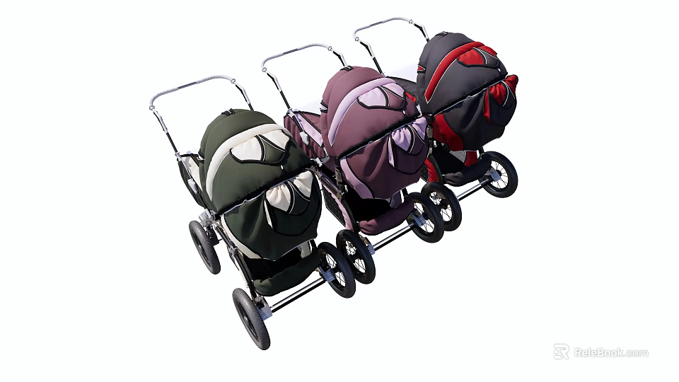Colorful Baby Strollers in Green Purple and Red with Stylish Design 3d model 