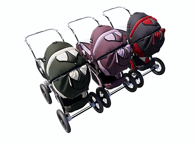 Colorful Baby Strollers in Green Purple and Red with Stylish Design 3d model