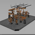 Orange Industrial Robotic Arms System With Multiple Automated Mechanical Equipment On Platform 3d model