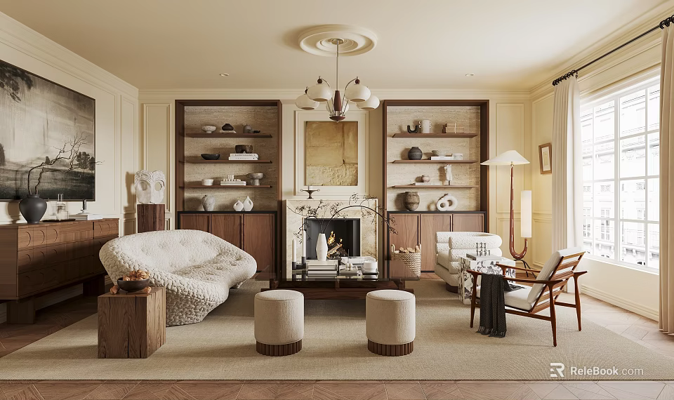 Elegant Living Room Interior With Beige Walls Chandelier Wooden Bookshelves Fireplace And Curved Sofa 3d model 